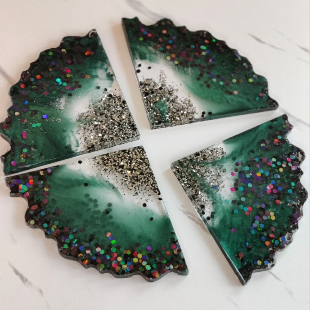 Handmade Dark Green and Glitter Resin Coasters